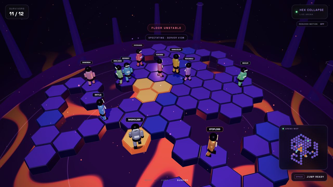 Live in-engine Hex Collapse match with violet hex tiles, player characters, missing floor sections, and orange collapse tiles above the lava void